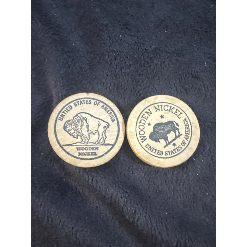 2 Wooden Nickels‎ From Fremont Michigan Coin Club and Fremont Bank